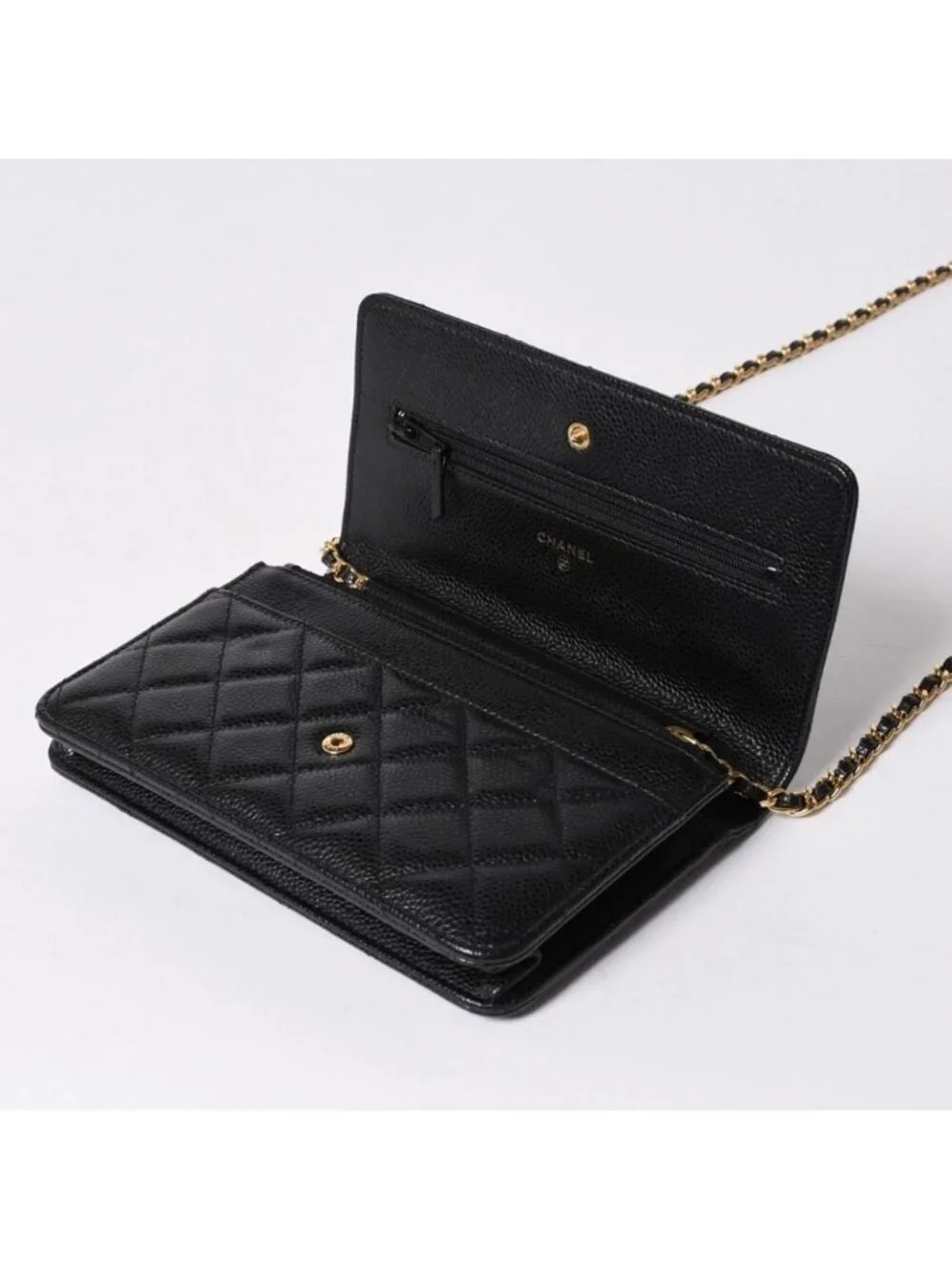 Chanel Chain Wallet CC Logo Caviar Leather Black Gold Shoulder Bag